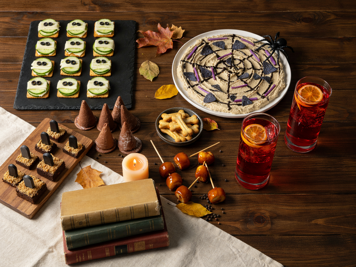A Halloween book club snack table seen from above: a black slate board of mummy cucumber tea sandwiches, a spider web hummus platter with blue corn chips, bone-shaped cheese straws in a small dish, witch hat chocolate cones, graveyard brownie bites, caramel apple bites on short picks, two tall tumblers of deep red blood orange sparkling mocktail with ice, a stack of old clothbound books with blank spines and a lit candle on a cream linen runner