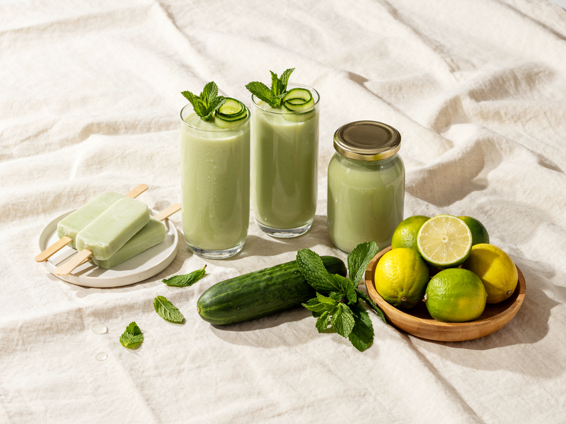 A summer table from above: two glasses of pale-green cucumber smoothie with mint and cucumber garnish, a sealed glass jar of smoothie, three green ice pops on a small plate, a bowl of limes, a whole cucumber and a bunch of mint on a cream linen cloth, bright natural light, overhead flat lay