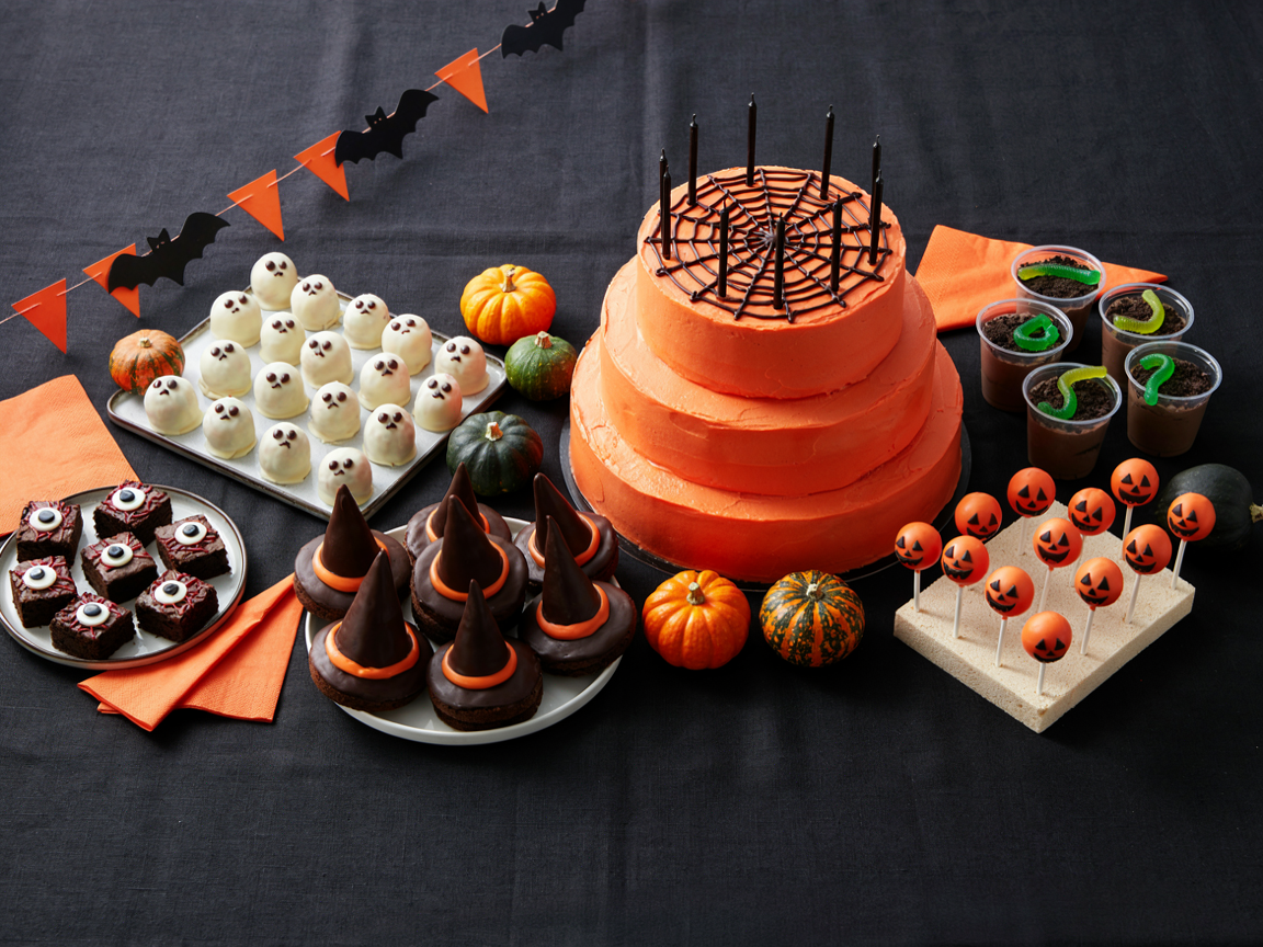 A Halloween birthday party dessert table from above on a black tablecloth: a tray of white chocolate ghost strawberries with chocolate chip eyes, clear cups of chocolate dirt pudding with cookie crumbs and gummy worms, chocolate witch hat cookies, orange cake pops with black icing faces standing in a foam block, a platter of eyeball brownies, a tall orange-frosted layer cake with a dark chocolate spider web piped on top and unlit candles, small pumpkins, orange napkins and paper garland, warm party light