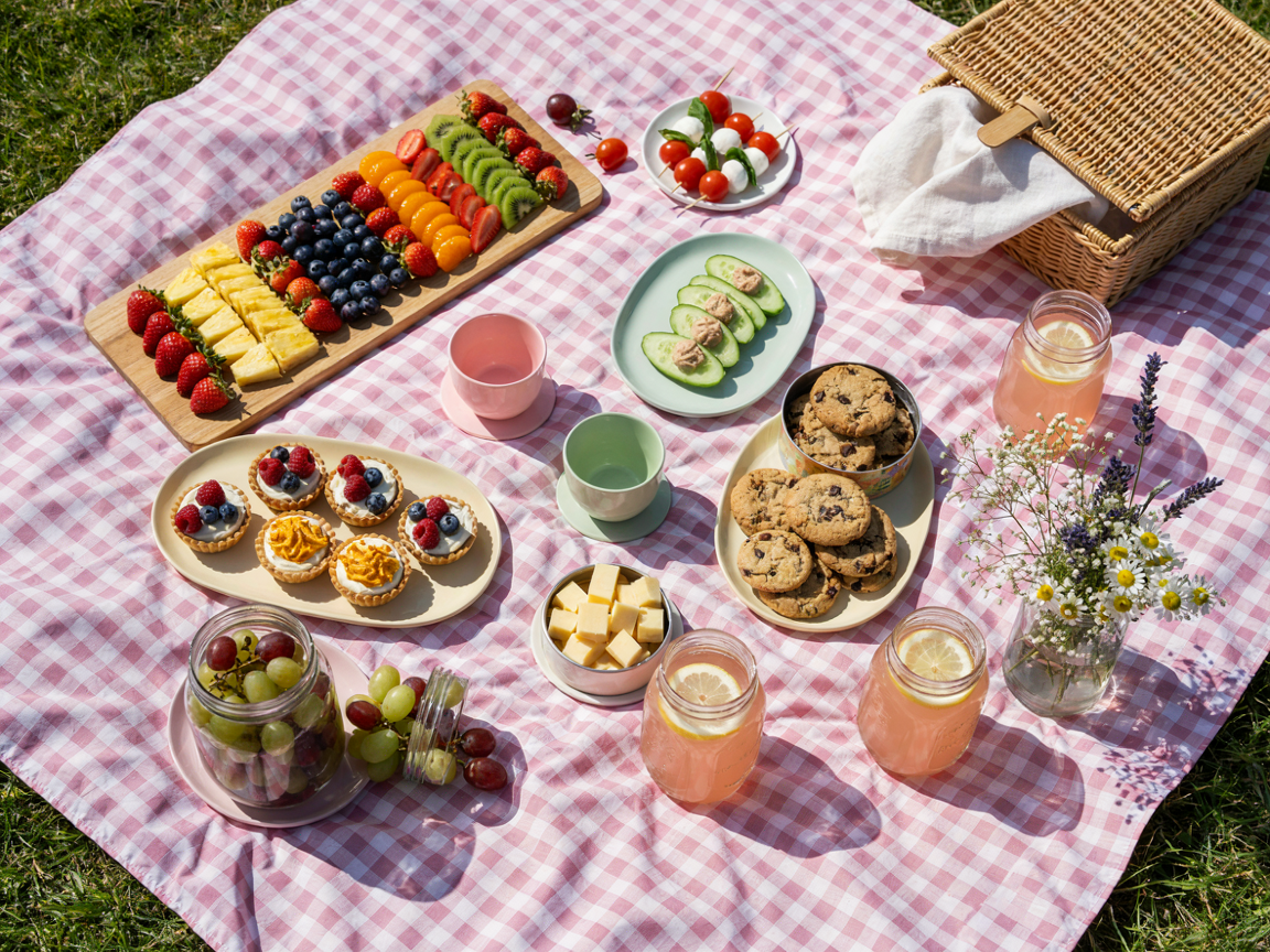 A full picnic spread laid out on a pink gingham blanket on grass from above: a wooden board with fruit arranged in rainbow colour rows, caprese skewers, cucumber rounds topped with hummus and tomato, deviled eggs on a small plate, mini berry tarts, a tin of chocolate chip cookies, wide jars of cheese cubes and grapes, pink lemonade in jars, pastel plates and cups, a jar of flowers, a wicker basket at the edge, bright summer light