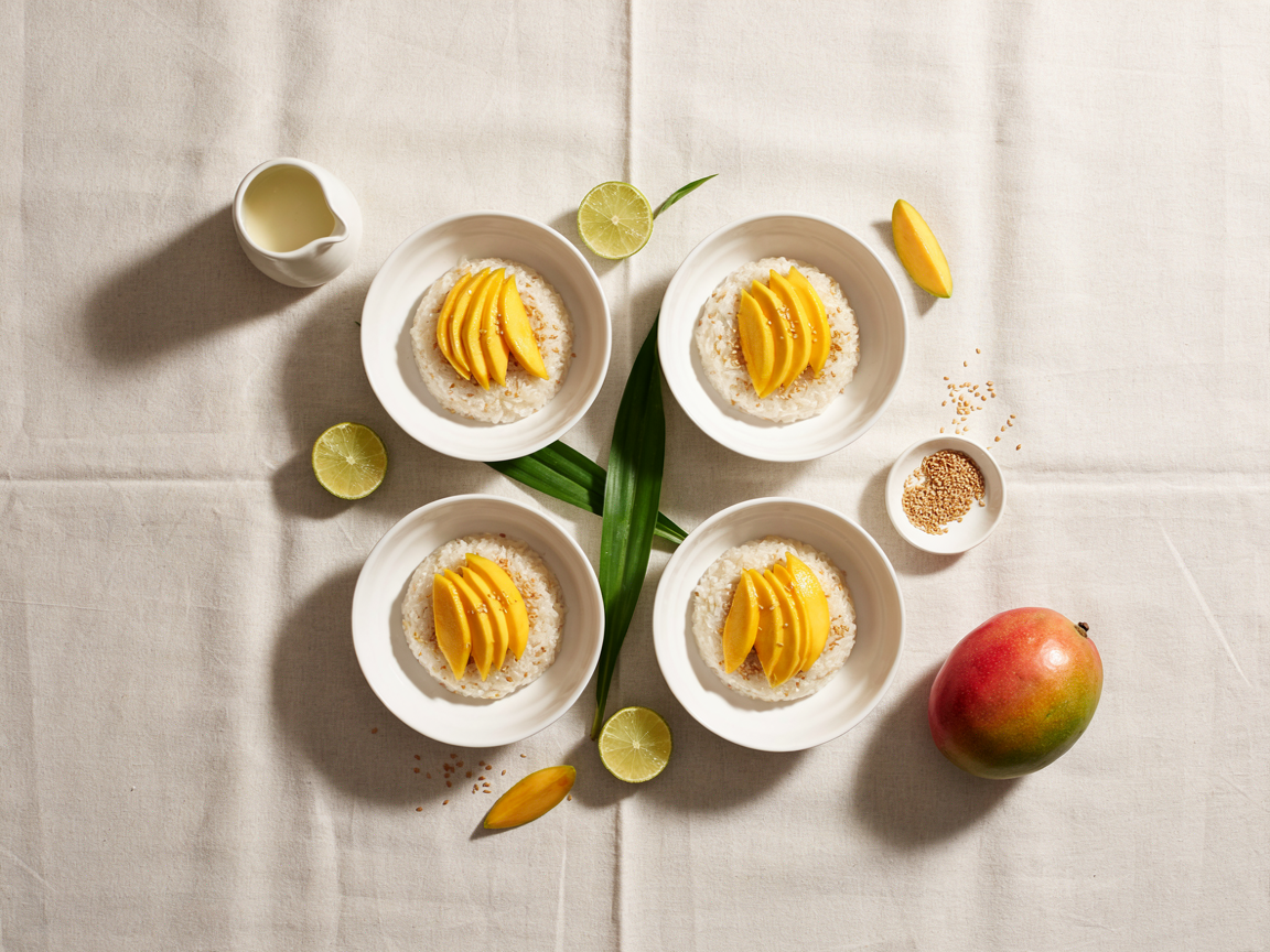 A table for four from above on ivory linen: four small white bowls of coconut sticky rice with fanned slices of golden mango, a small white jug of coconut drizzle, a dish of toasted sesame seeds, pandan leaves, a whole mango and a few halved limes, warm afternoon light, overhead food photography