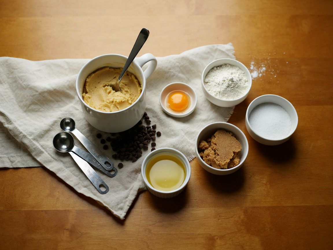 Overhead view of a mug of unbaked chocolate chip cookie dough with a fork resting in it, surrounded by small bowls of flour, white and brown sugar, melted butter, an egg yolk and chocolate chips, with measuring spoons on the counter