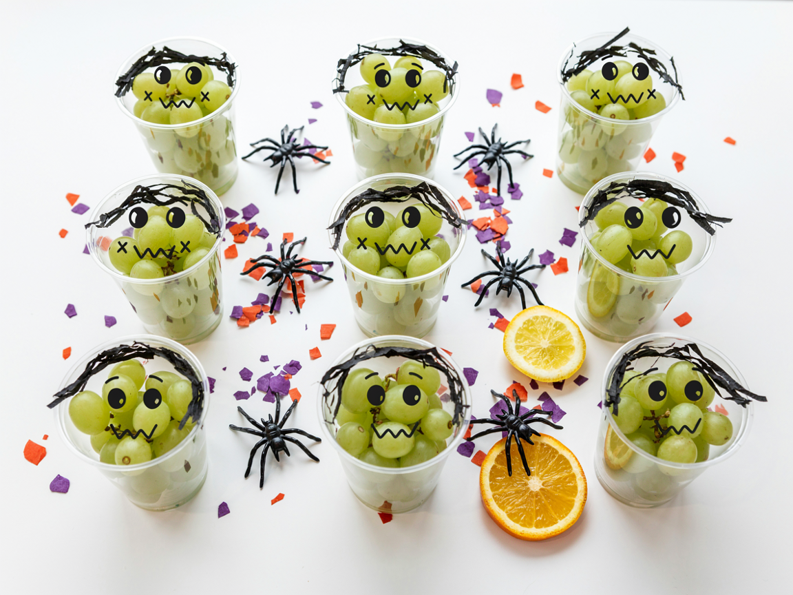 Rows of clear plastic cups filled with bright green grapes, each cup with a simple cartoon monster face drawn in black on the outside (two round eyes, a straight brow, a zigzag mouth, two stitch marks) and a zigzag strip of black paper around the top as hair, arranged on a white table with orange and purple paper confetti, a few plastic spider decorations and a small orange slice, overhead flat lay, bright even light