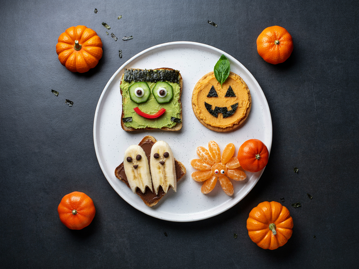 A white speckled round plate on a dark slate surface seen from above with four Halloween toasts: Frankenstein avocado toast with nori hair, cucumber and olive eyes and a red pepper smile; pumpkin hummus toast with a jack-o-lantern face and a basil stem; two banana ghosts on chocolate-spread toast with chocolate chip faces; a peeled mandarin orange spider with segment legs and candy eyes; mandarins and mini pumpkins around the plate