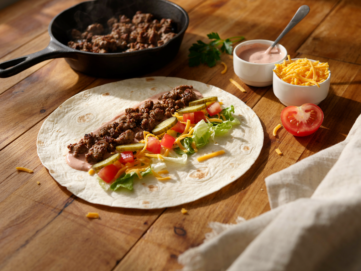 Assembling a cheeseburger burrito on a wooden board: an open flour tortilla layered with seasoned crumbled beef, shredded cheddar melting on top, pickle chips, diced tomato and shredded lettuce with a stripe of burger sauce, a skillet of browned beef and a bowl of sauce beside it