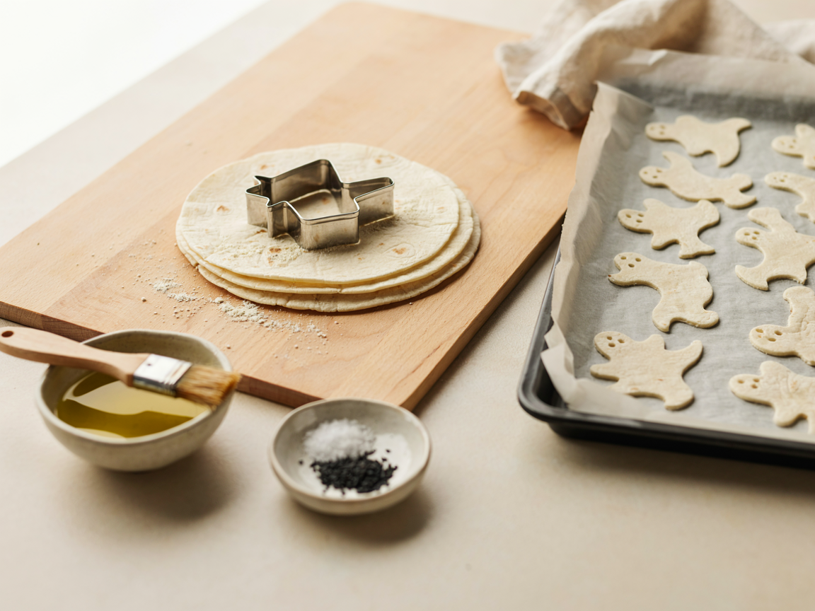 Making ghost tortilla chips: a metal ghost cookie cutter pressed into a stack of four flour tortillas on a wooden board, cut-out ghost shapes laid in rows on a parchment-lined sheet pan, a small bowl of olive oil with a pastry brush, a dish of salt and a dish of black sesame seeds