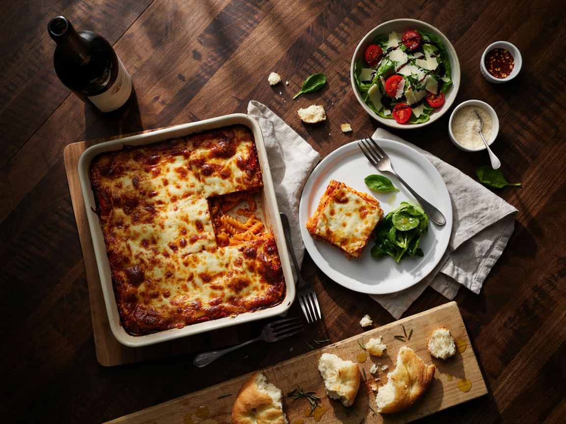 Pasta night table from above: a 9x13 dish of golden baked ziti with one square removed, a plate with a saucy square of ziti and salad, a board of torn focaccia, a bowl of green salad with shaved parmesan, a small dish of red pepper flakes and linen napkins on a wooden table
