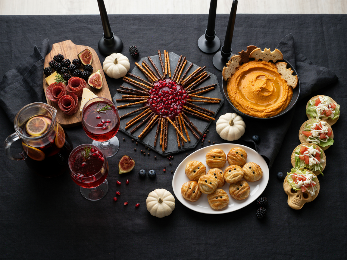 Overhead view of a Halloween party table for adults on a black tablecloth: the slate snack board with black pretzel rods and red dip in the center, a charcuterie board with salami roses and dark cheeses, a bowl of orange pumpkin hummus with bat-shaped flatbread, a platter of golden pastry mummy bites, mini skull tostadas, a pitcher of black lemonade and glasses of red pomegranate fizz with rosemary, small white pumpkins and black candles