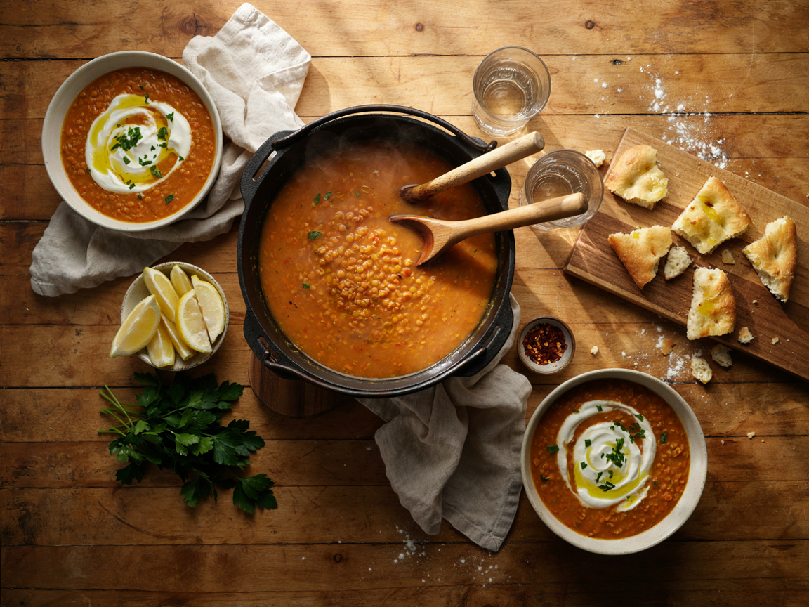 Soup night table from above: a Dutch oven of thick orange lentil soup with a ladle, two bowls served and topped with yogurt, olive oil and parsley, a board of torn golden focaccia, a small bowl of lemon wedges, a dish of chili flakes and linen napkins on a wooden table