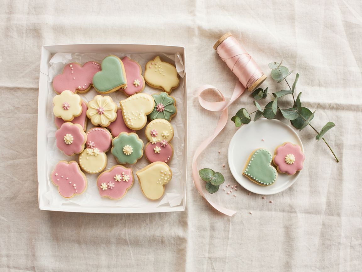 A finished set of royal icing decorated sugar cookies in pastel pink, cream and sage with piped details, arranged in a bakery box with parchment