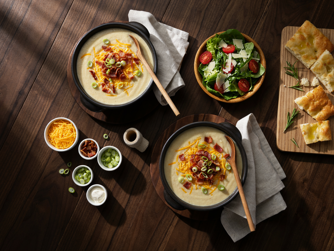 Soup night table from above: two dark crocks of loaded potato soup topped with cheddar, bacon and green onions, a board of torn focaccia, a green salad in a wooden bowl, small dishes of shredded cheddar, chopped bacon, green onions and sour cream, and linen napkins