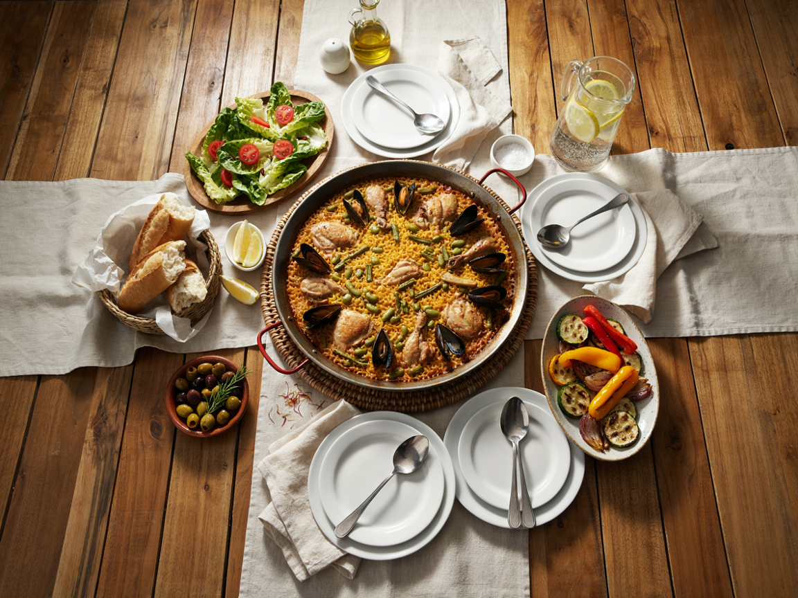 Spanish paella dinner table from overhead: a large pan of paella Valenciana in the center, a green salad, a platter of roasted Mediterranean vegetables, a basket of bread, lemon wedges, a pitcher of lemonade and plates with spoons
