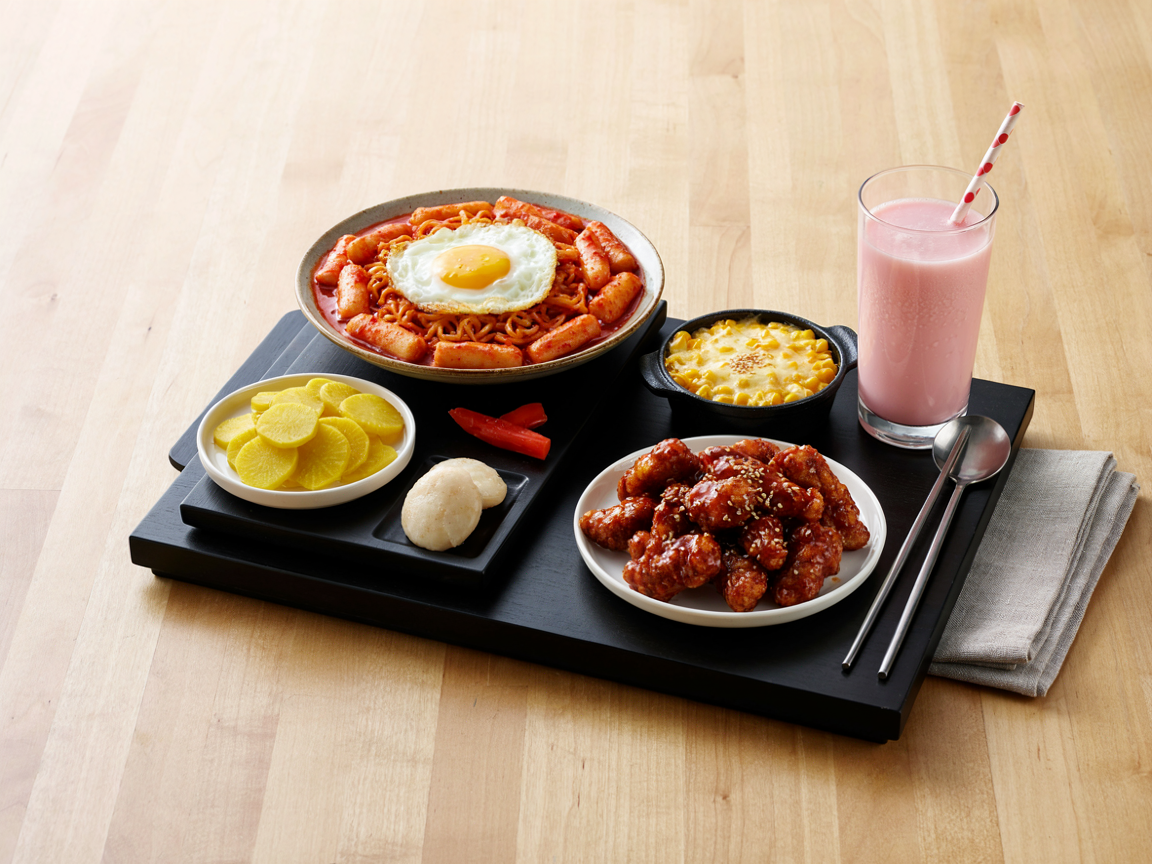 Korean cafe table from overhead with a wide bowl of tteokbokki and ramen with fried egg in the center, a tall glass of strawberry milk, a small skillet of corn cheese, a dish of yellow pickled radish, a plate of glazed fried chicken bites and metal chopsticks