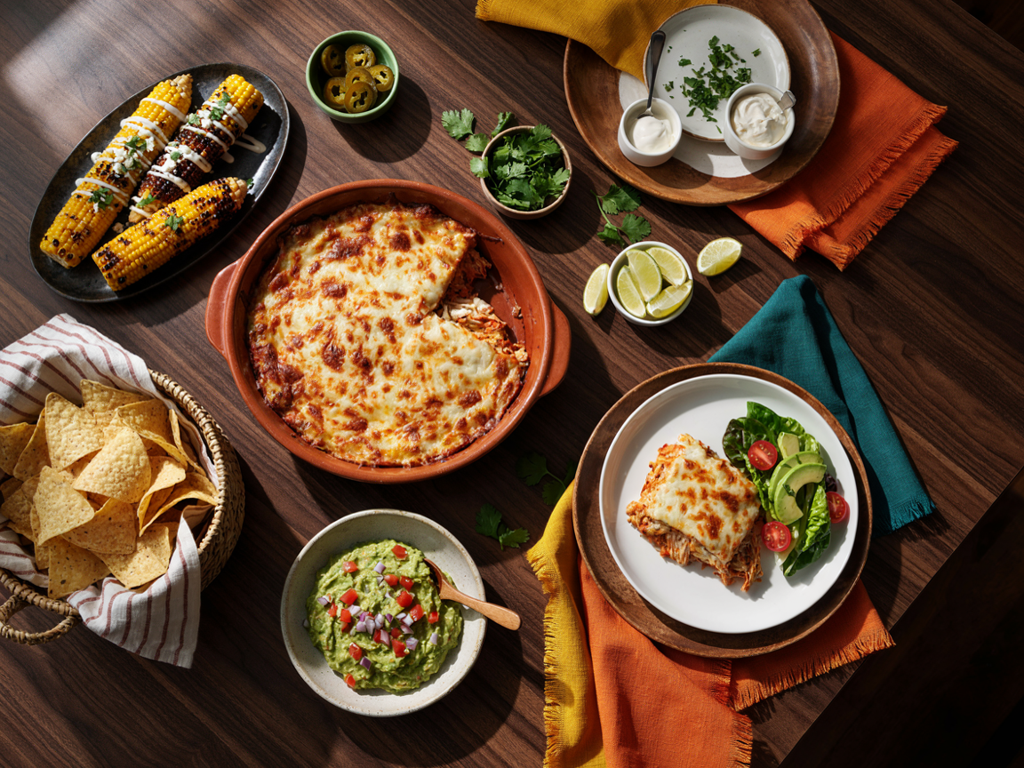 Taco night table from above: a terracotta dish of golden chicken enchilada rice casserole with one scoop removed, a plate served with casserole and salad, a basket of tortilla chips, a bowl of guacamole, grilled Mexican street corn on a platter, small bowls of sour cream, sliced jalapenos, cilantro and lime wedges, and colorful napkins on a wooden table