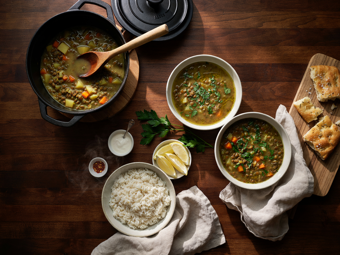 Lentil night table from above on dark wood: a Dutch oven of thick green lentil and potato stew with a ladle, bowls served with parsley and olive oil, a board of torn focaccia, a bowl of steamed rice, small dishes of yogurt, lemon wedges and chili flakes, and linen napkins