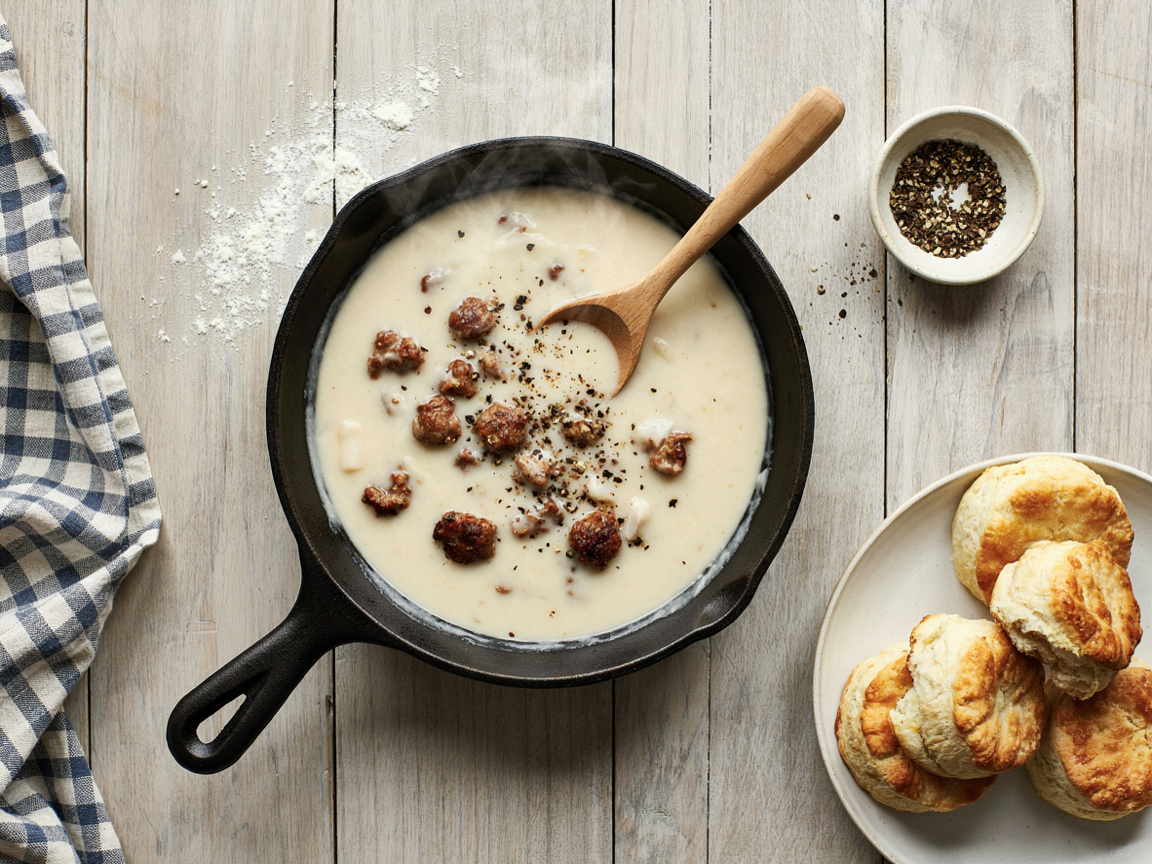 Overhead view of a cast iron skillet of thick white sausage gravy with a wooden spoon, a plate of biscuits and a dish of black pepper