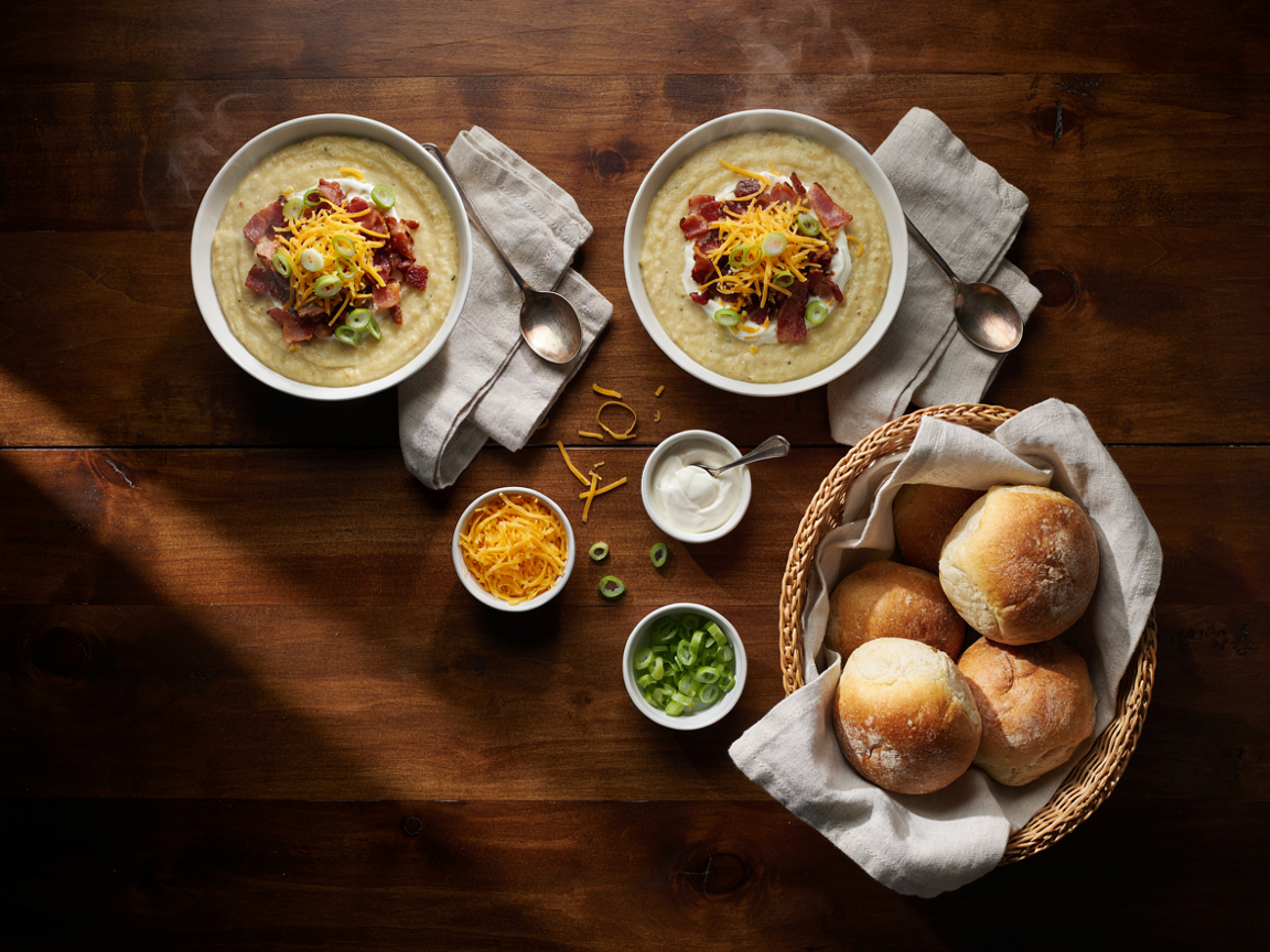 A cozy dinner table from above with two white bowls of loaded baked potato soup topped with cheddar, beef bacon crumbles, sour cream and green onions, a basket of warm crusty bread rolls, small dishes of extra shredded cheddar, sliced green onions and sour cream, linen napkins and spoons on a dark wooden table, warm evening light