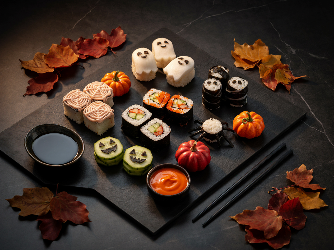 A large Halloween party sushi board on dark slate from above: daikon ghost nigiri, black squid ink rolls with orange tobiko, sriracha mayo spider-web rolls, nigiri with nori spider legs, nori-wrapped mummy hand rolls standing upright, cucumber rounds with nori jack-o-lantern faces, small bowls of soy sauce and orange sriracha mayo, mini pumpkins, autumn leaves and black chopsticks, moody warm light