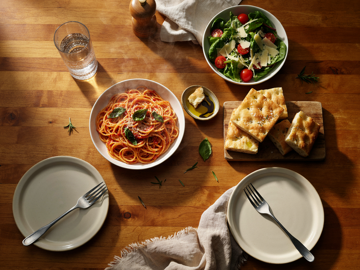 Focaccia squares on a board beside a bowl of pasta, a dish of olive oil with balsamic and a green salad on a dinner table