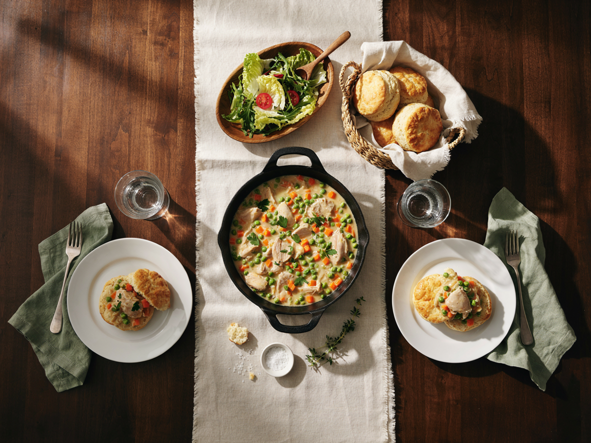 Weeknight dinner table with a skillet of chicken pot pie filling, two plates of split buttermilk biscuits smothered in the creamy chicken filling, a bowl of green salad, glasses of water and a linen napkin
