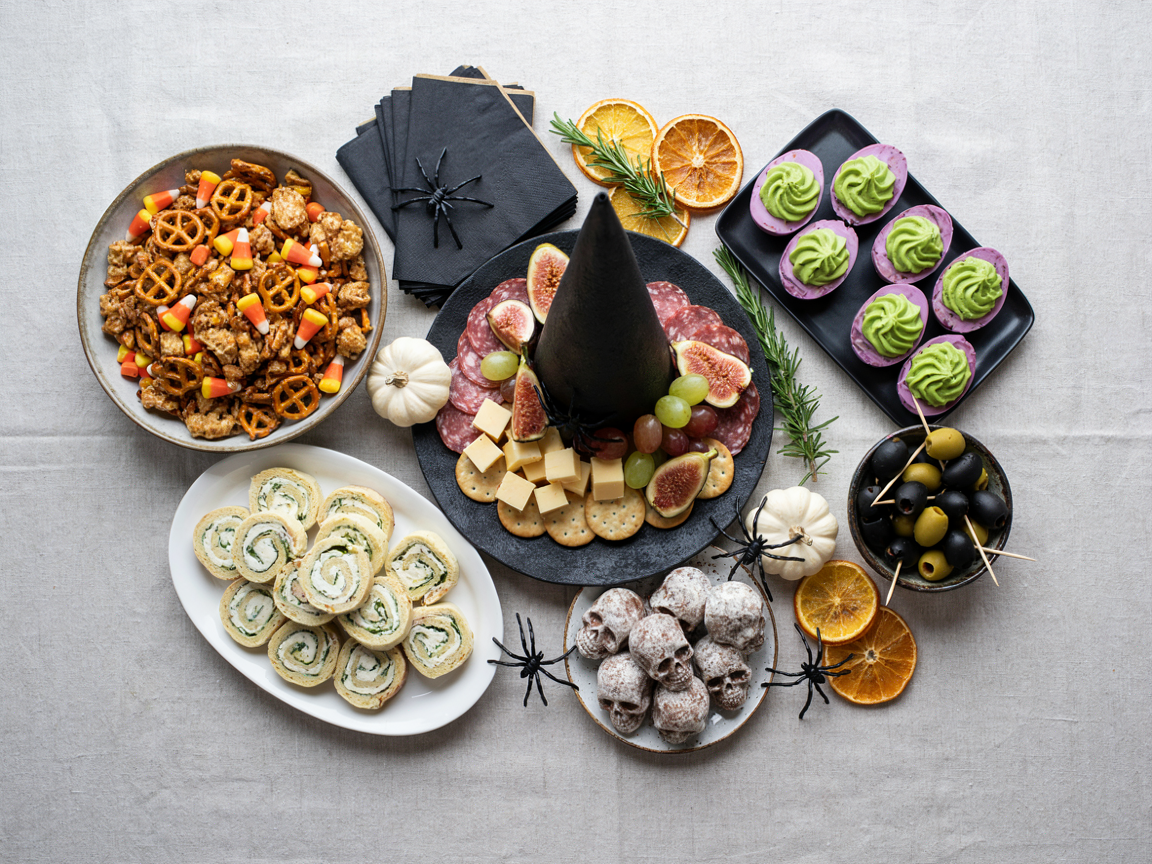 Halloween party snack table with the witch hat charcuterie board in the center, marbled deviled eggs, snack mix, pinwheel sandwiches and skull truffles around it