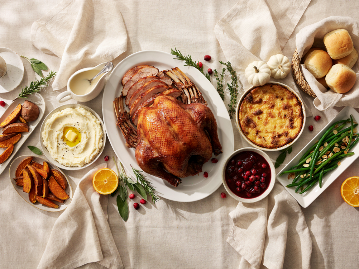 Thanksgiving table from above: a platter of carved smoked turkey with mahogany skin and juicy slices, a gravy boat, a bowl of cranberry sauce, a dish of mashed potatoes, a golden corn casserole, roasted sweet potatoes, green beans, dinner rolls, fresh herbs and small pumpkins on a linen tablecloth
