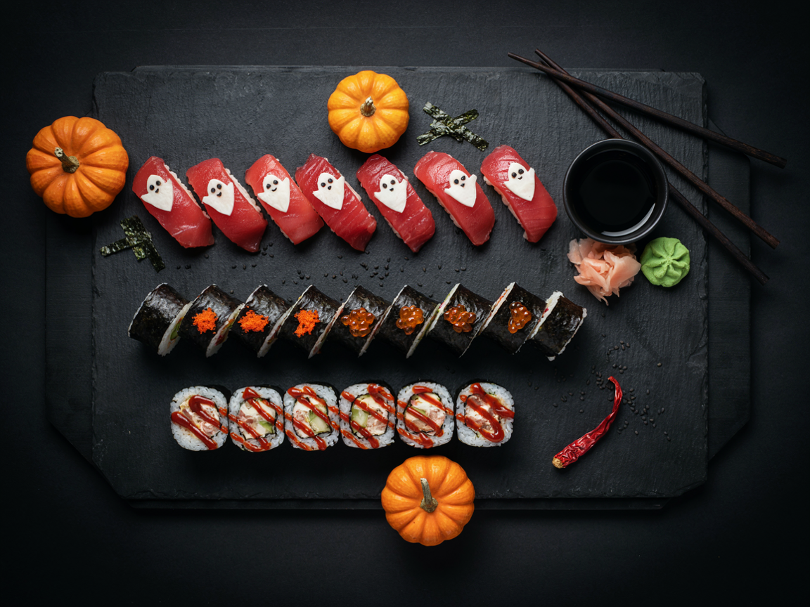 A Halloween sushi platter on a black slate board from above: a row of nigiri topped with red tuna and paper-thin white daikon radish cut into ghost shapes with tiny nori eyes, a line of jet-black squid ink rice maki topped with orange tobiko, round sushi rolls with red sriracha mayo spider-web patterns on their cut faces, a small bowl of soy sauce, pickled ginger, wasabi, chopsticks, mini pumpkins and scattered black sesame, moody light with warm highlights, food photography
