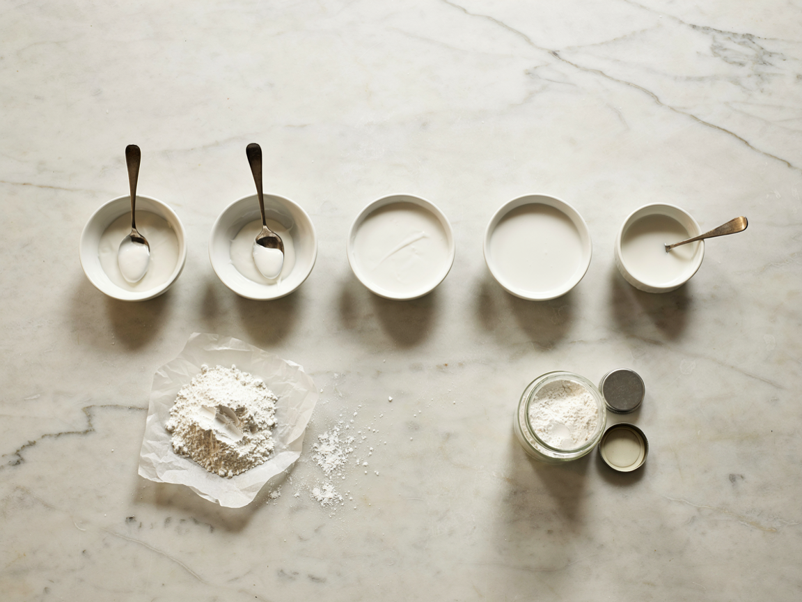 Four small bowls of white royal icing at stiff, medium, 15-second flood and 10-second flood consistency, with a spoon lifting a stiff peak and a knife line closing in the flood icing
