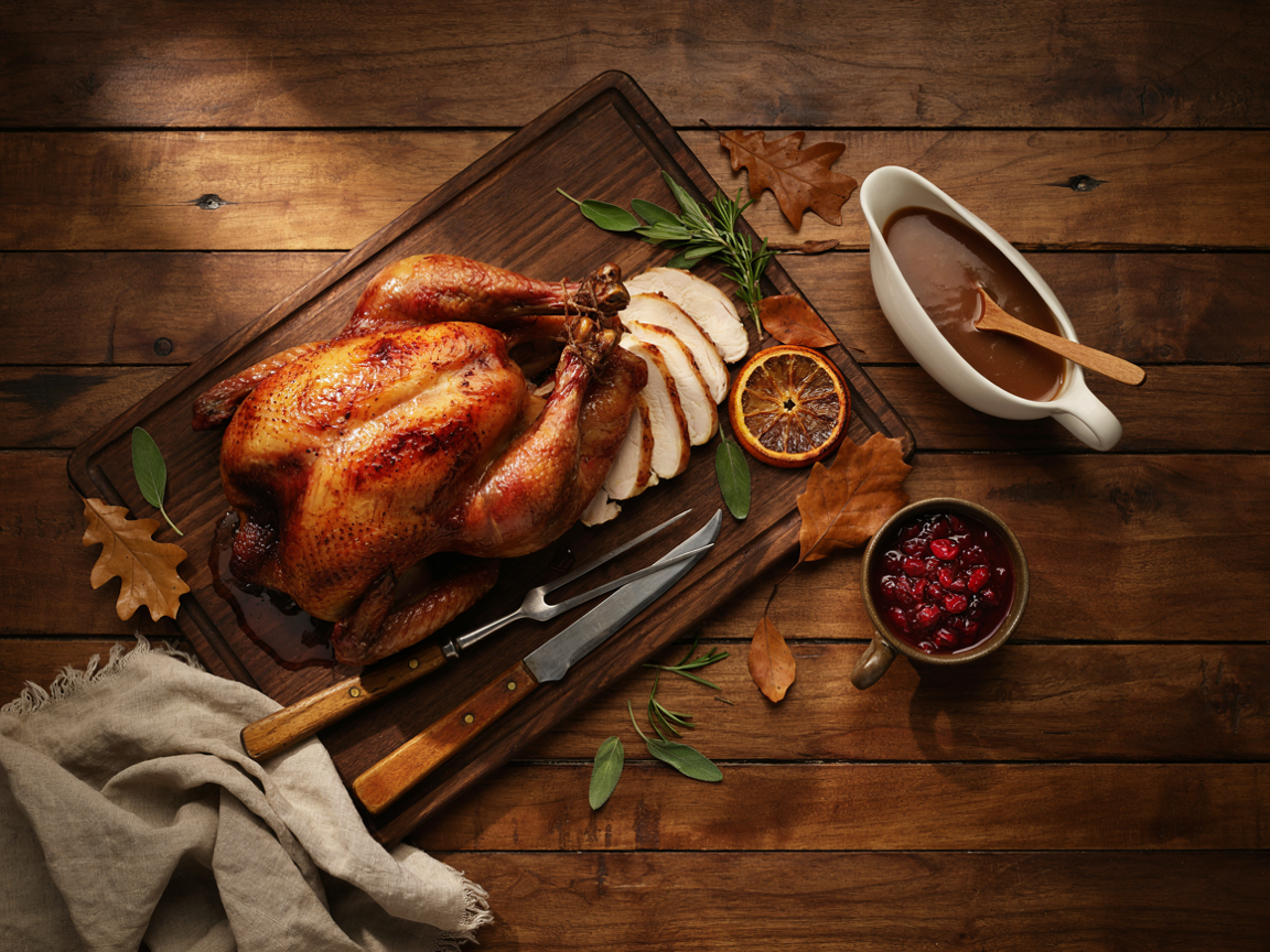 Roasted brined Thanksgiving turkey on a wooden carving board, deep golden crisp skin, breast partly carved to show juicy white meat, surrounded by roasted orange halves, fresh rosemary, a gravy boat and a dish of cranberry sauce