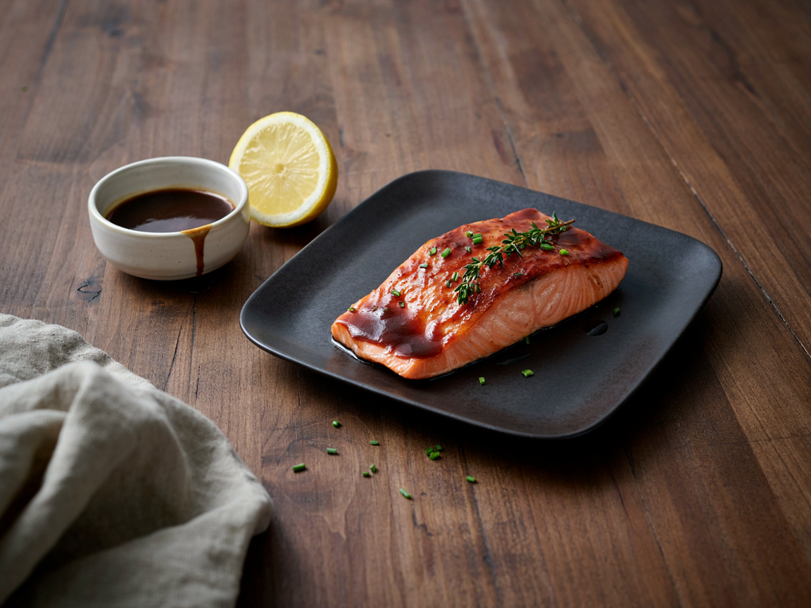 A thick seared salmon fillet on a dark slate plate, coated in a glossy dark mahogany sweet and smoky glaze with caramelized edges, topped with snipped chives and a sprig of thyme, a small ceramic dish of the glaze and a lemon wedge beside it on a wooden table