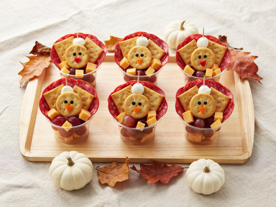 A wooden tray of turkey charcuterie cups from above at an angle: clear plastic cups in rows, each with thin red salami slices fanned at the back like tail feathers, a round golden cracker face with two candy eyes, a small orange cheddar triangle beak and a red pepper wattle, square crackers, red grapes, cheddar cubes and a white mozzarella ball on a short pick, small white pumpkins and autumn leaves around the tray on a cream linen runner, soft daylight