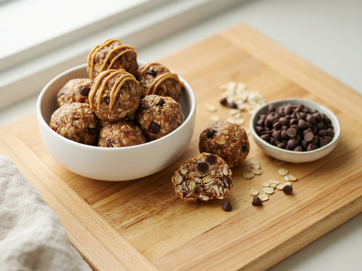 A white ceramic bowl piled with golden no-bake oat protein balls studded with mini dark chocolate chips, several drizzled with zig-zags of creamy peanut butter, a few more balls and loose rolled oats scattered on a light wooden board, a small dish of chocolate chips beside it, soft natural light, shallow depth of field