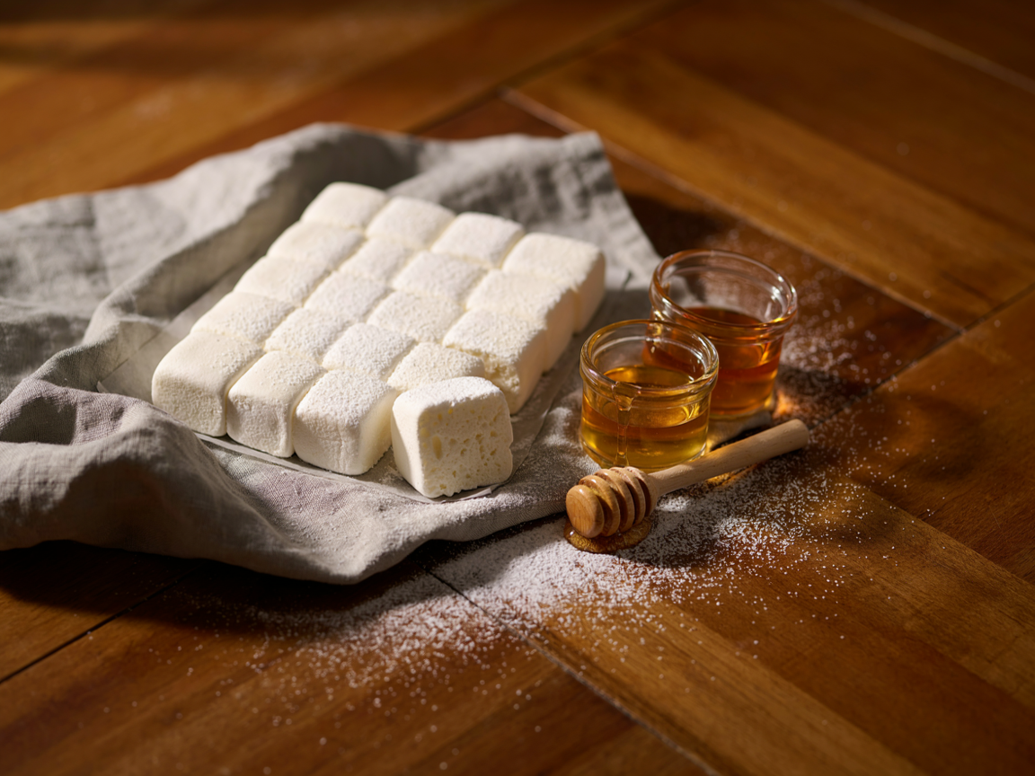 A slab of soft, fluffy cream-white homemade marshmallows cut into squares and dusted with powder, resting on grey linen on a warm wooden table, one square standing on its side to show the airy interior, a small glass jar of golden honey beside them, soft morning window light, food photography