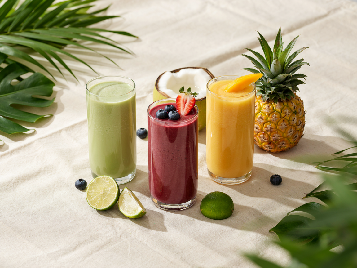 Three tall glasses of smoothie on a cream linen cloth, one pale matcha green, one deep berry magenta topped with blueberries and a strawberry, one sunshine-yellow mango, a halved young coconut, lime wedges and a small pineapple beside them, tropical palm leaves at the edges, bright natural light, food photography