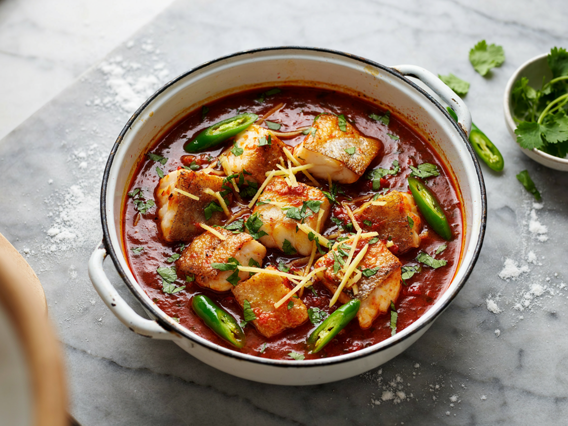 A white enamel braiser pan of fish curry seen from above at an angle, golden seared chunks of white fish in a thick glossy mahogany-red tomato and onion gravy, topped with fine julienned ginger, slit green chillies and chopped cilantro, a small bowl of cilantro at the edge, on a grey stone surface, soft natural light, food photography