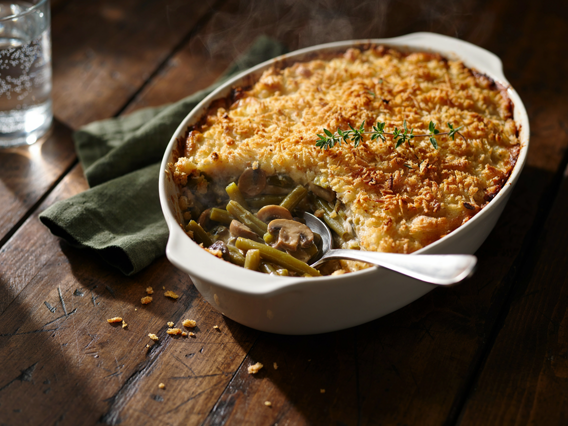A white oval ceramic casserole dish of green bean casserole fresh from the oven, a deep golden crust of crispy fried onions and buttered breadcrumbs, bright green beans in a creamy mushroom sauce visible at the edge where a serving spoon has lifted a portion, a sprig of thyme, on a rustic wooden table with a linen napkin, warm natural light