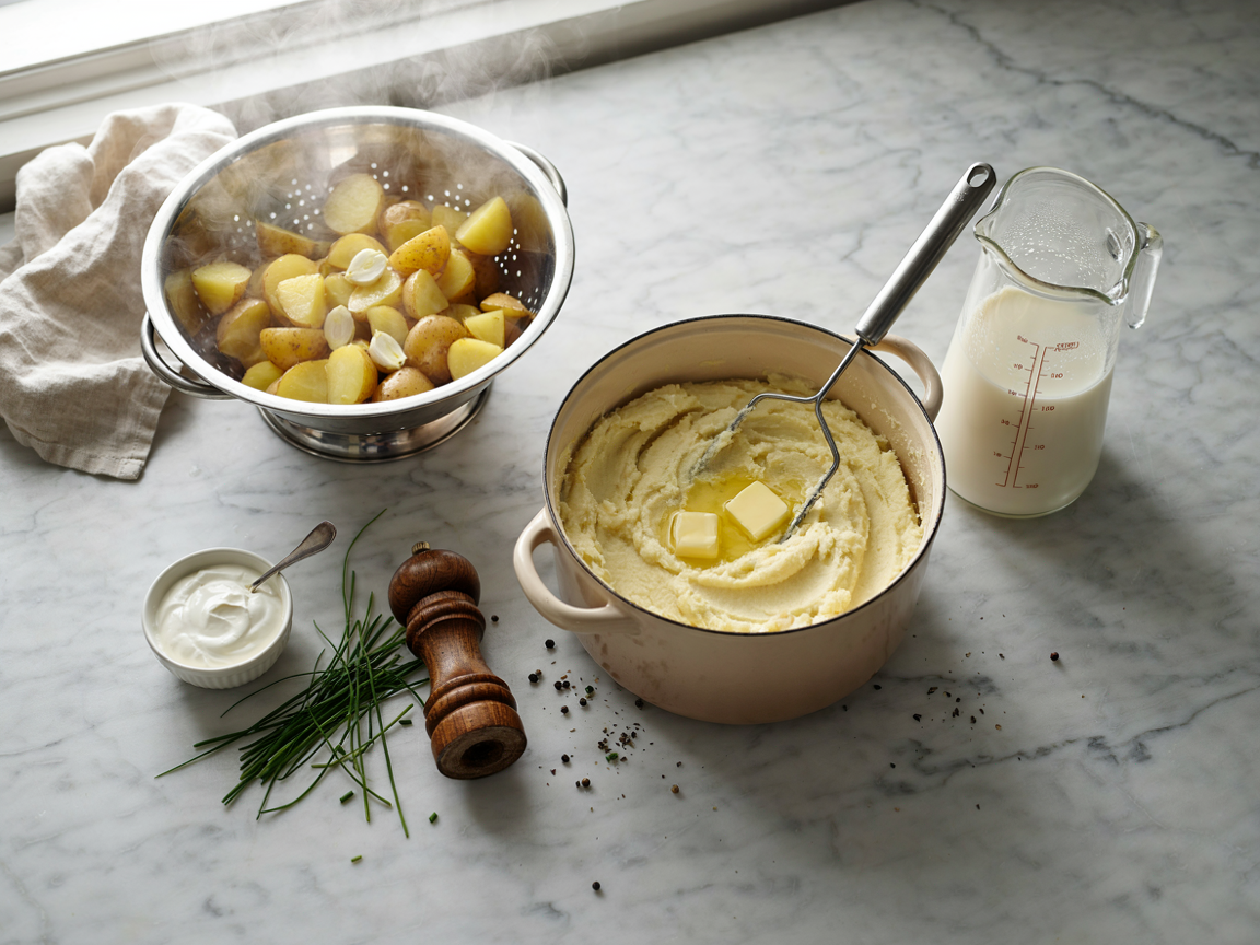 Making creamy garlic mashed potatoes: a large pot of boiled Yukon Gold potato chunks and softened whole garlic cloves steaming in a colander, cubes of butter going into the hot pot with a potato masher, a measuring jug of warm milk, a bowl of sour cream, a bunch of chives and a pepper mill on a marble counter