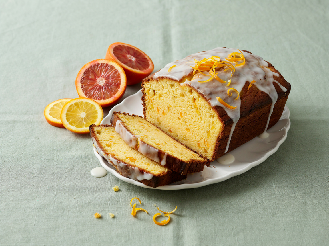 An orange pound cake loaf on a white scalloped plate, thick slices cut to show a tender golden-yellow crumb, a thick white orange glaze dripping down the sides, curls of orange zest on top, blood orange and orange slices beside it, on a sage green linen background, soft natural light