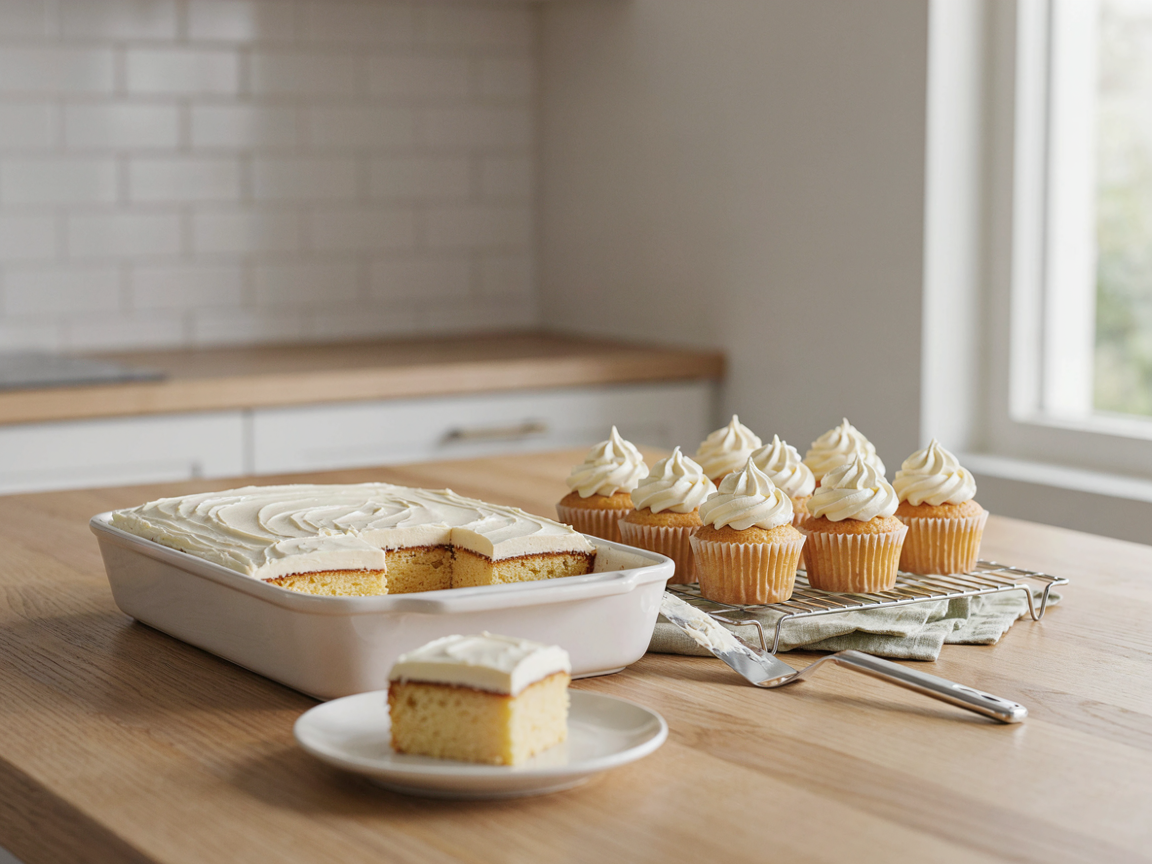 Sugar free vanilla sheet cake with white frosting in a baking dish and frosted vanilla cupcakes on a kitchen counter