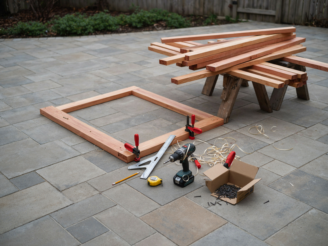 Cedar 1x4 slats and 2x4 frame pieces on sawhorses beside a partly assembled base frame with corner brackets, a cordless drill, a speed square, bar clamps, a box of deck screws and sawdust on the ground