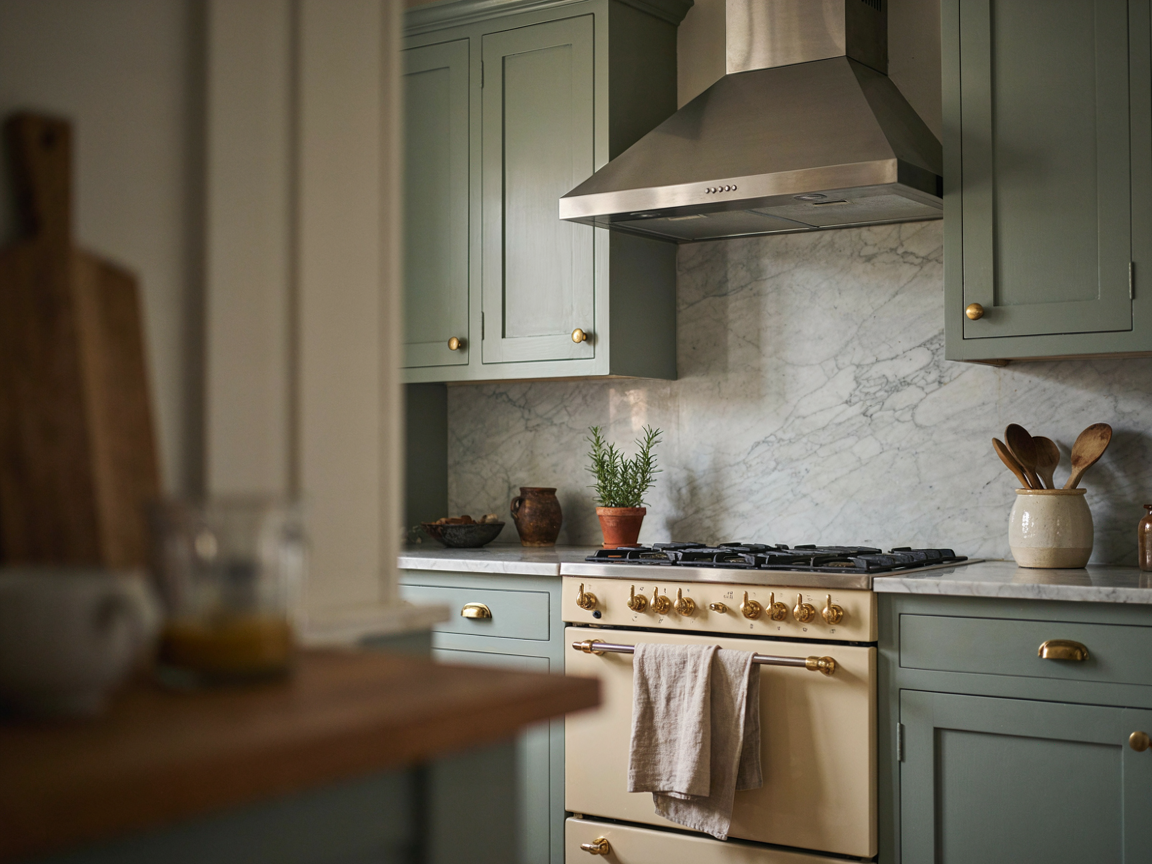 Traditional kitchen with a pyramid-shaped stainless steel wall mount range hood, sage green cabinets and a cream range