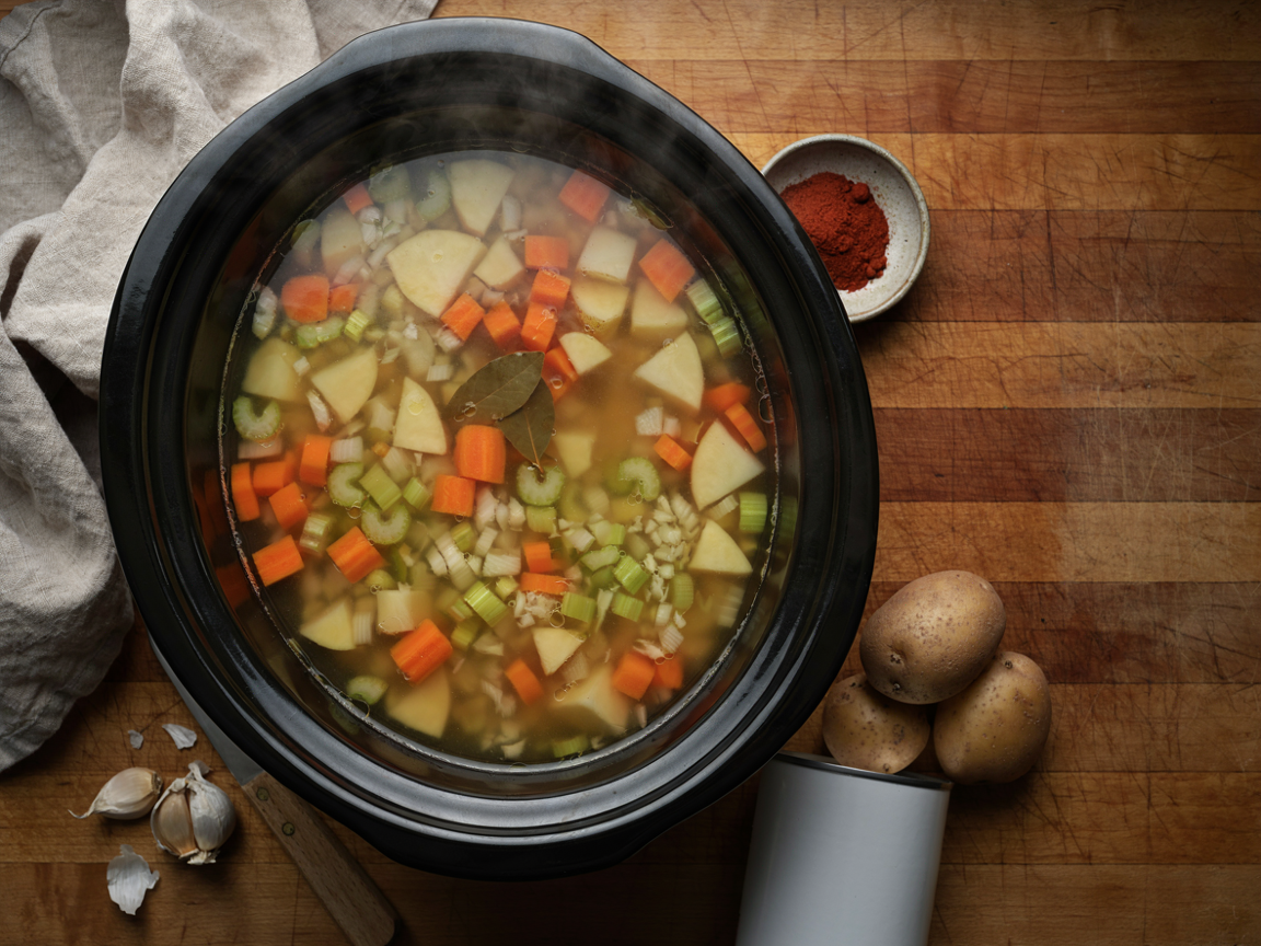 Looking down into an open oval slow cooker filled with cubed golden potatoes, diced carrots, chopped celery, diced onion and minced garlic in broth with a bay leaf, beside it on a wooden board a small bowl of smoked paprika, a few whole potatoes and a can of coconut milk, warm kitchen light