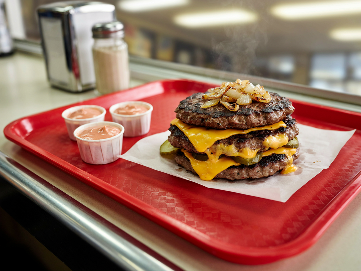 A bunless stack of griddled beef patties with melted American cheese and grilled onions on parchment on a red diner tray, with small cups of burger spread