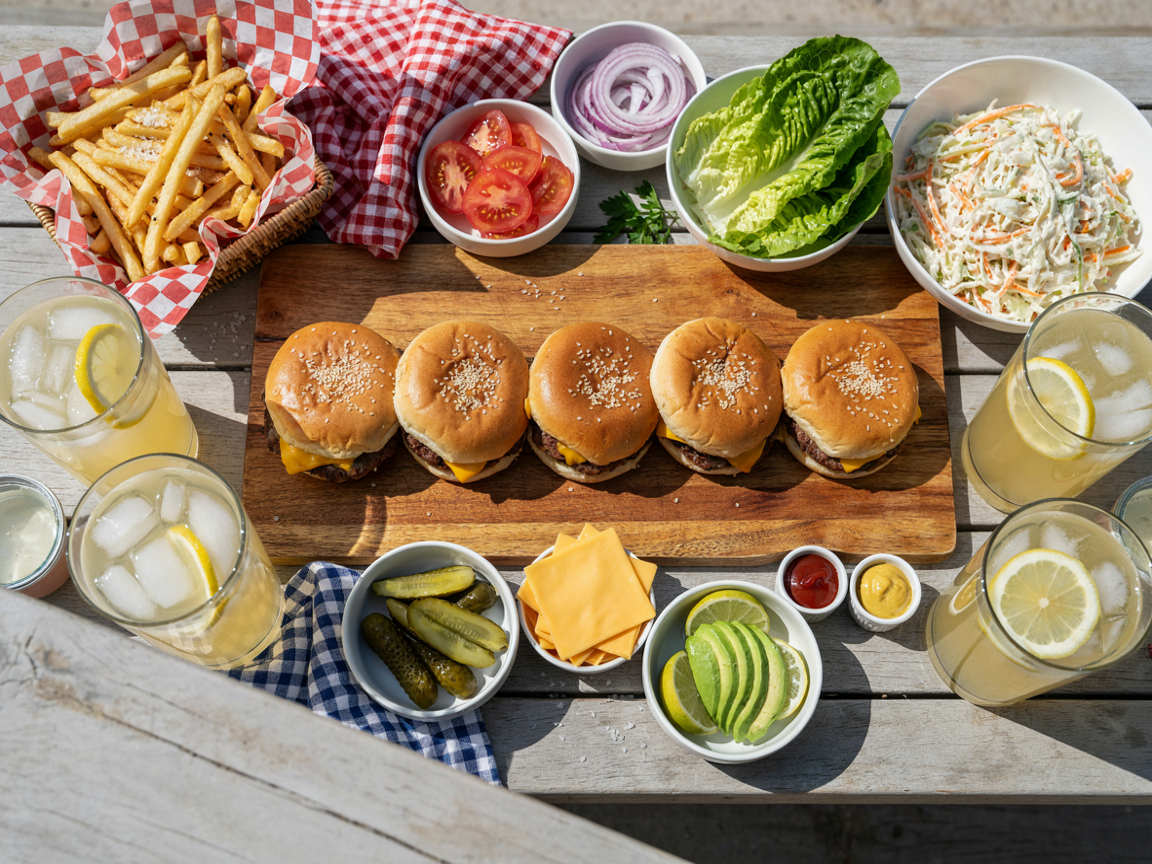 A summer table from above: four turkey burgers on toasted brioche buns on a wooden board, a build-your-own toppings spread in small bowls (sliced tomato, lettuce, red onion rings, pickles, avocado, cheese slices, ketchup and mustard), a basket of fries, a bowl of coleslaw, glasses of lemonade, checked napkins, bright daylight