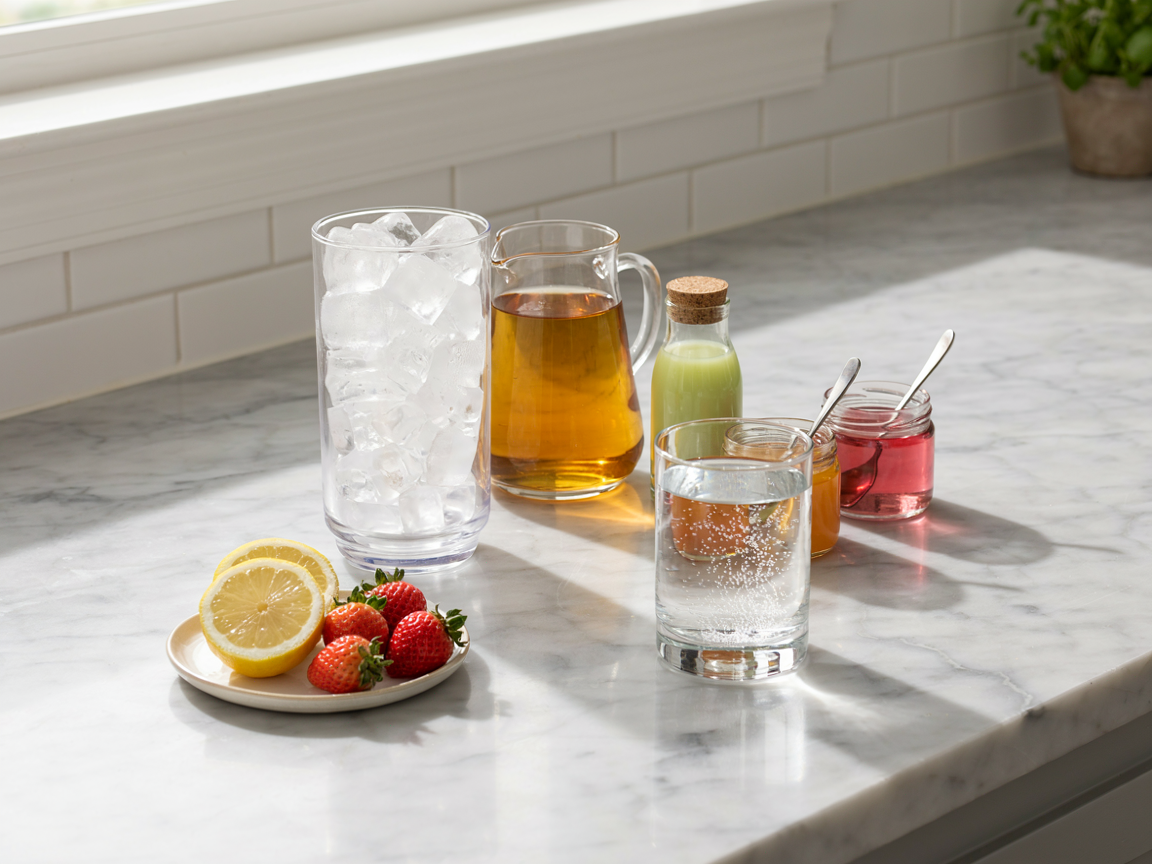 A tall tumbler full of ice on a kitchen counter beside a glass pitcher of brewed green tea, an unlabeled bottle of aloe vera juice, small jars of red strawberry syrup and orange mango syrup, a bottle of sparkling water and whole and halved lemons, bright daylight