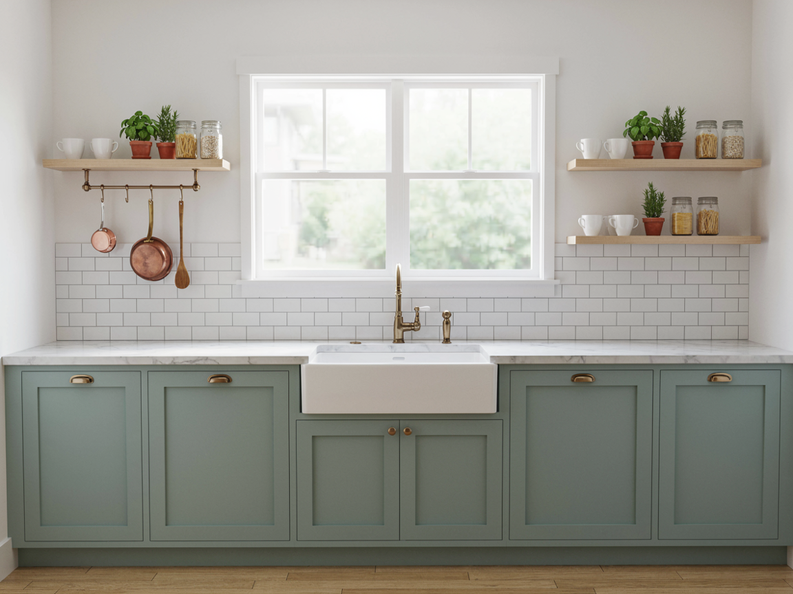 Kitchen wall with no upper cabinets, a window above a farmhouse sink, short oak floating shelves either side holding mugs and herbs, and sage green base cabinets below