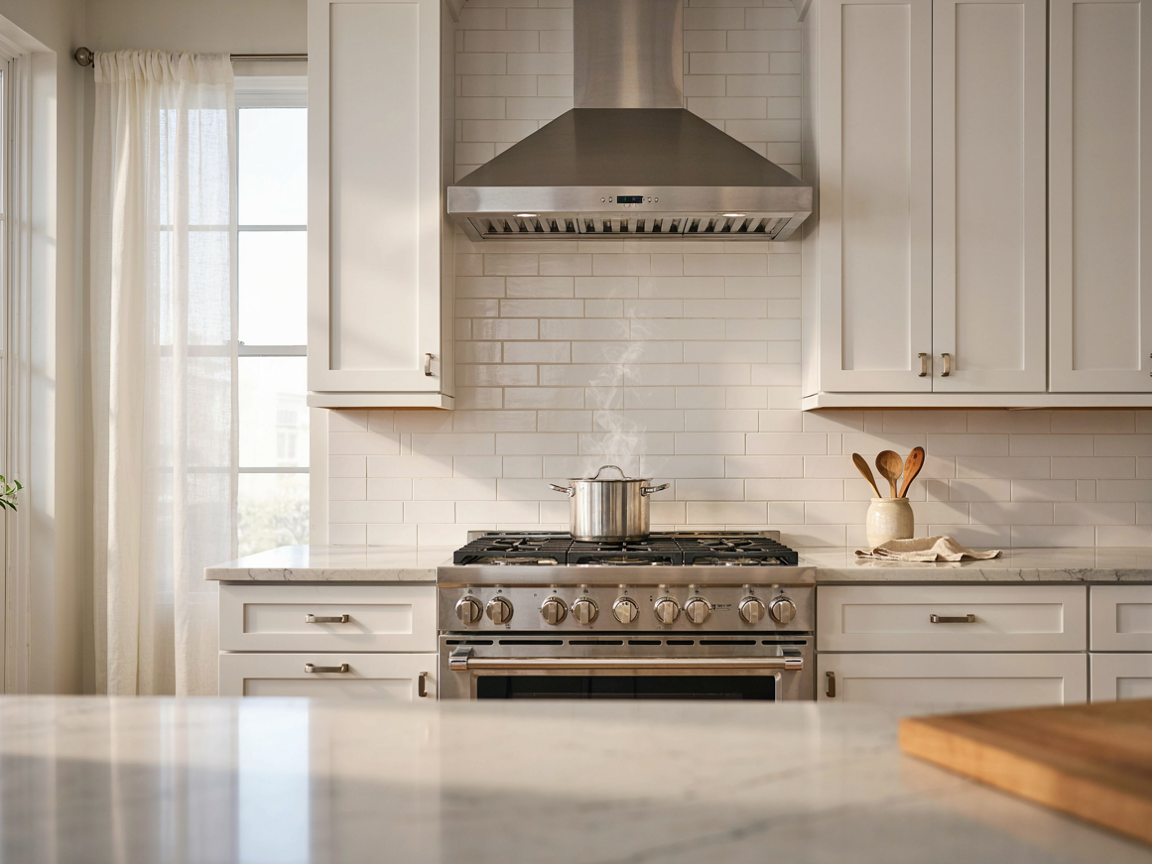 Kitchen with a brushed stainless steel wall mount chimney range hood over a gas range and white subway tile backsplash