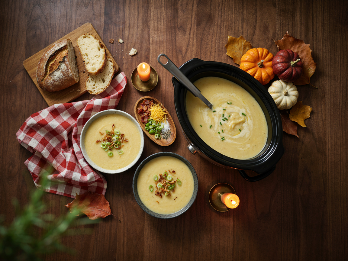 A cozy fall dinner table from above: two bowls of creamy potato soup with green onions and crispy toppings, a slow cooker of soup with a ladle, a board of crusty bread, a small bowl of extra toppings, a plaid napkin, small pumpkins and autumn leaves on a wooden table, warm evening light