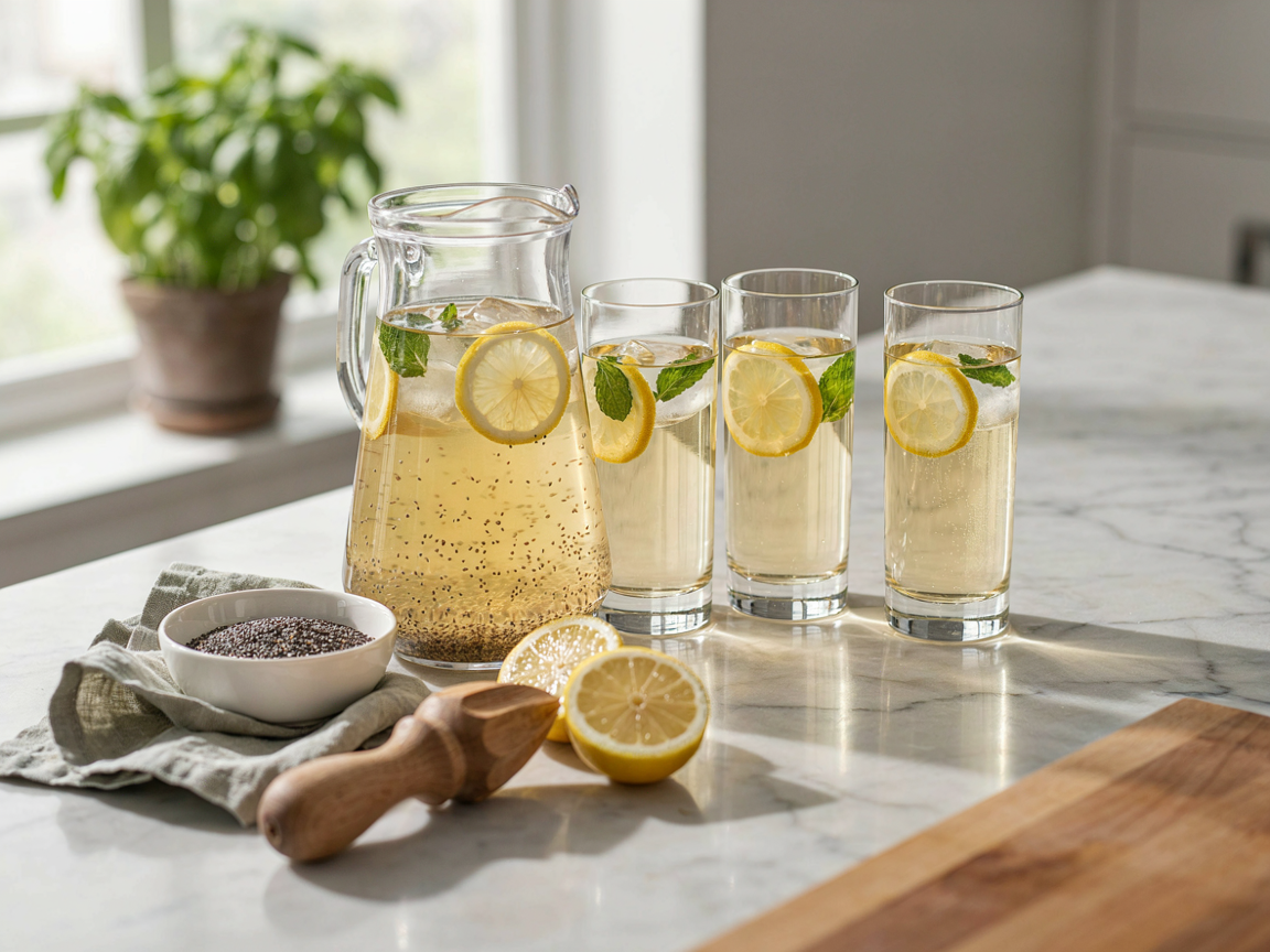 A glass pitcher of chia lemon water with lemon slices and mint next to three filled glasses