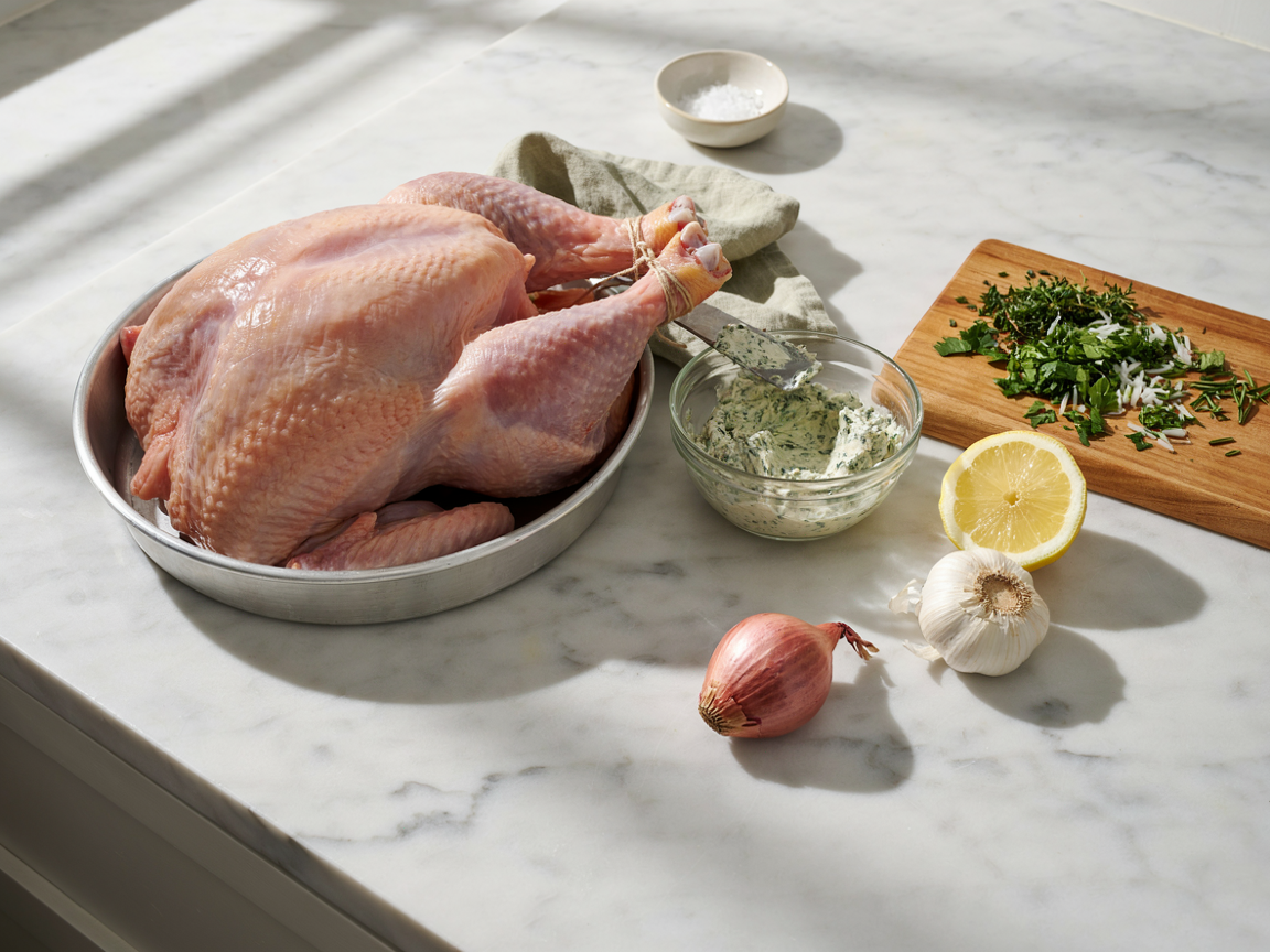 A raw whole turkey on a sheet pan on a marble counter, the breast skin loosened and lifted at the neck end with a layer of pale green-flecked herb butter visible spread directly on the breast meat underneath, a bowl of the remaining herb compound butter with a spatula, chopped herbs, a halved lemon and a head of garlic beside it